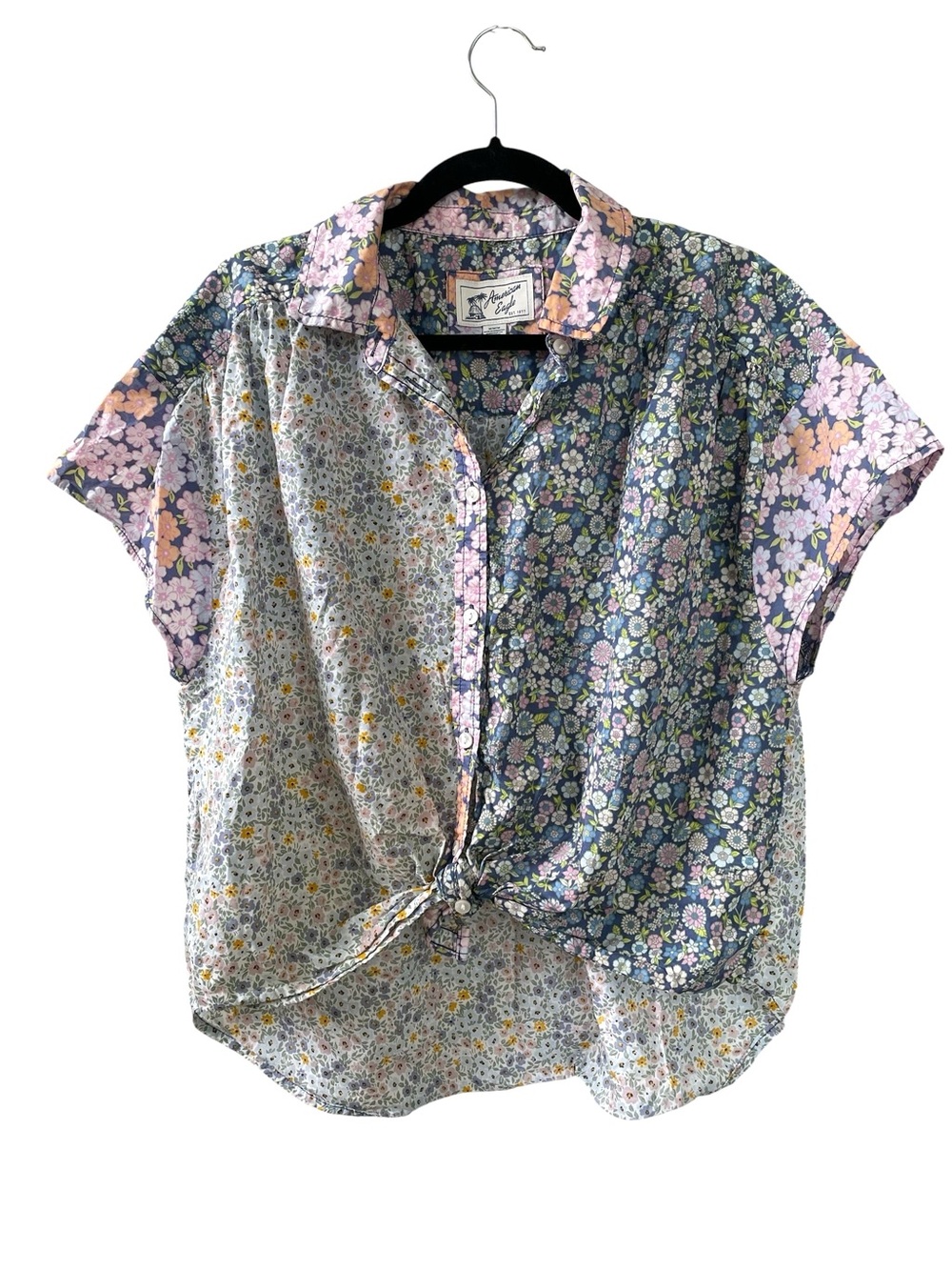 American Eagle Outfitters Floral Patchwork Button-Front Shirt in Pink & Blue